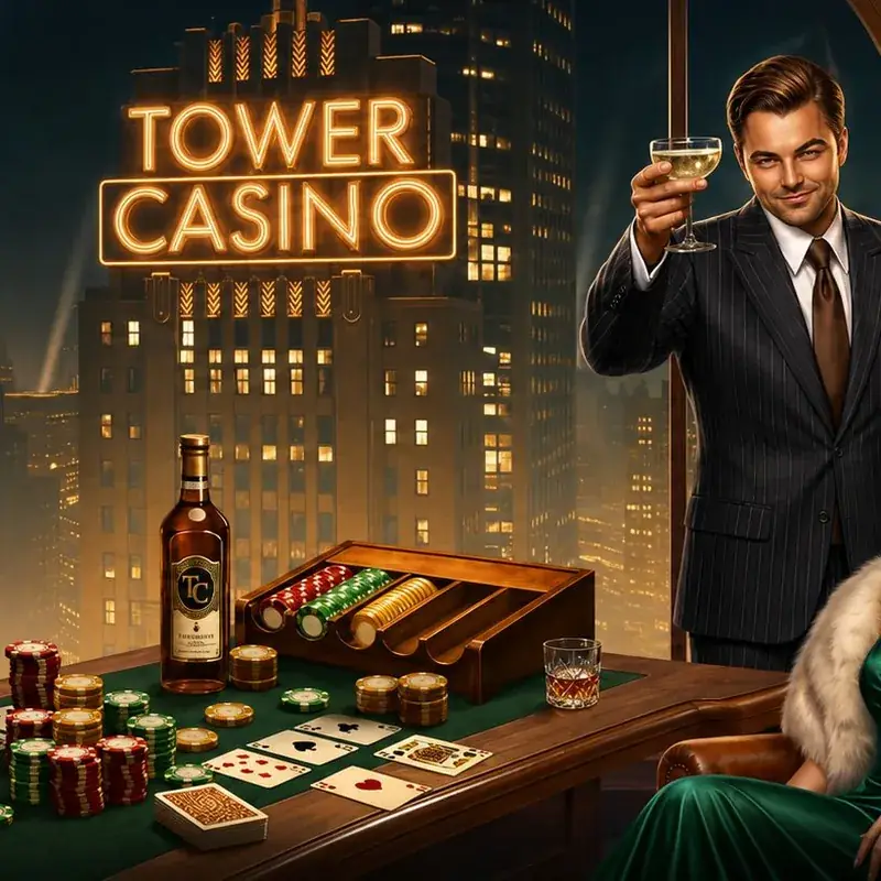 Joueur en costume levant une coupe à une table de poker, enseigne néon Tower Casino